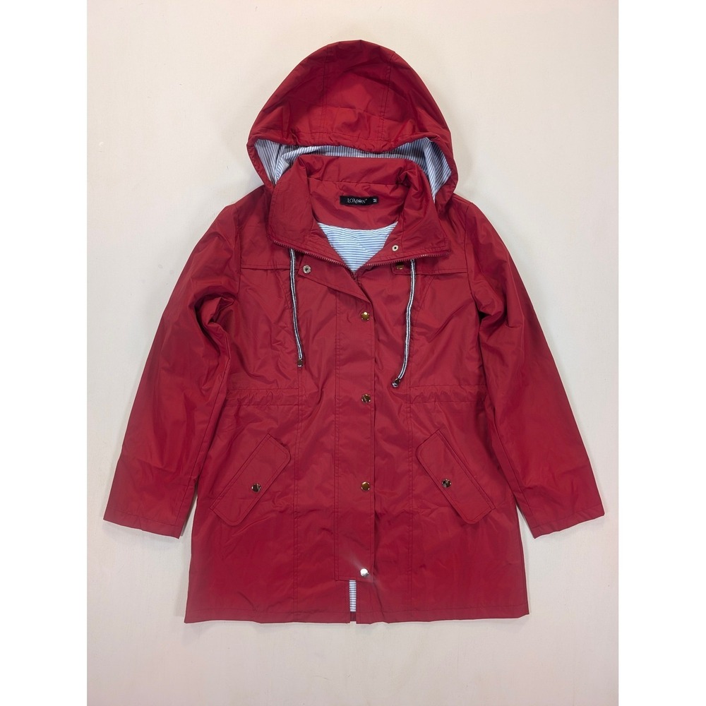 Lomon Womens Red Hooded Raincoat Striped Lining Lightweight Anorak Jacket Medium